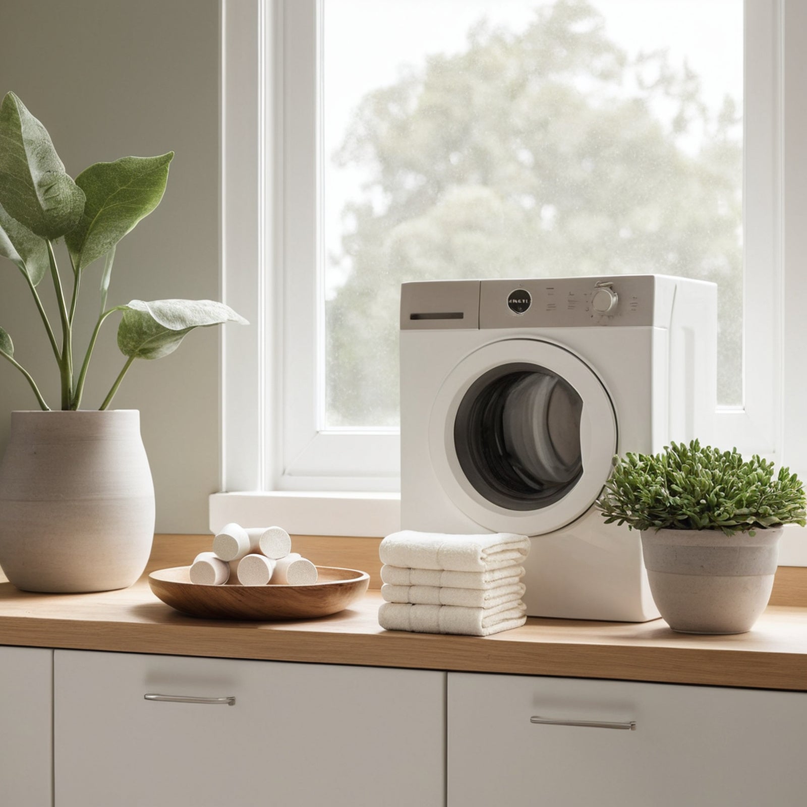Bright laundry corner with cleaning tablets and folded towels