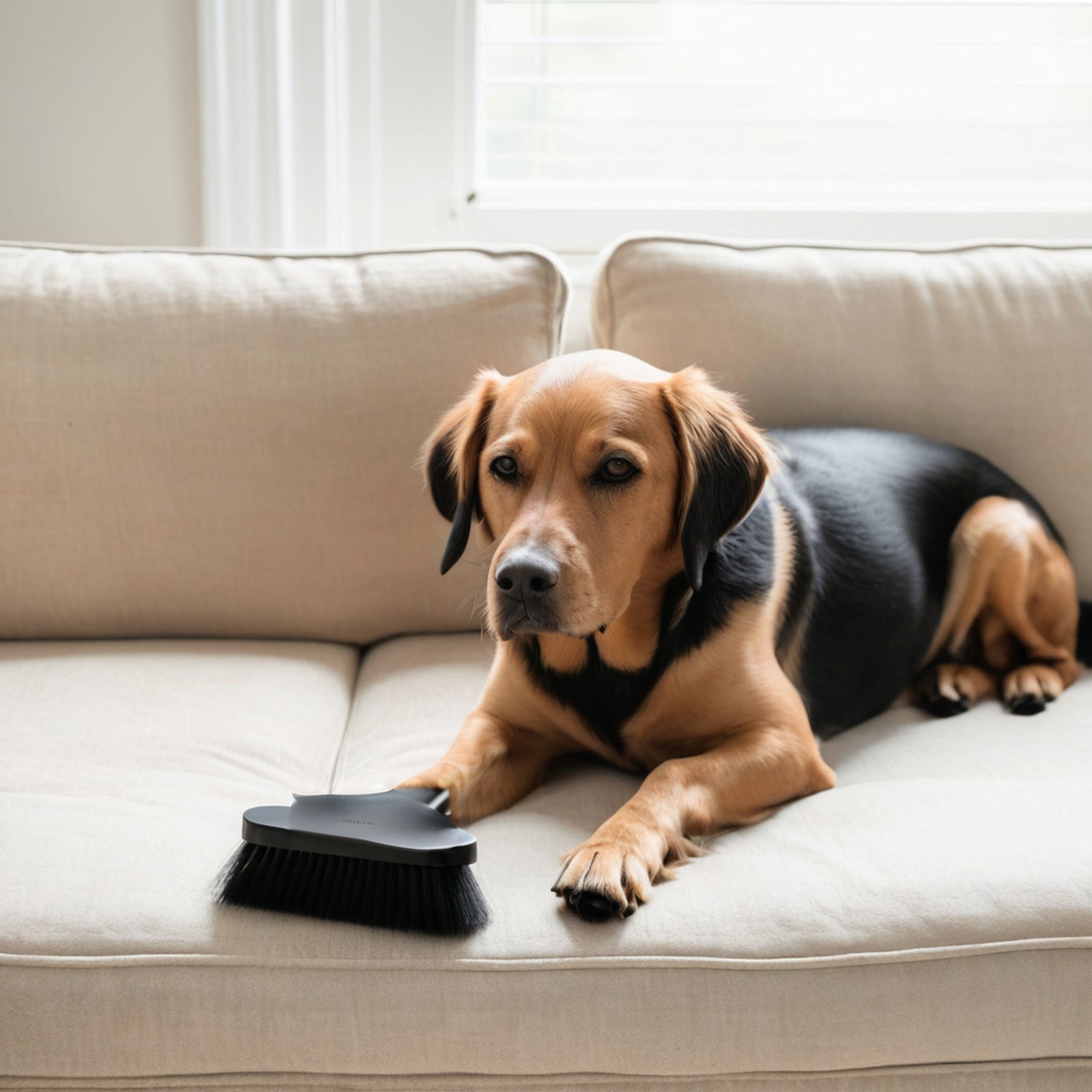 Dog resting on a sofa next to a pet hair brush
