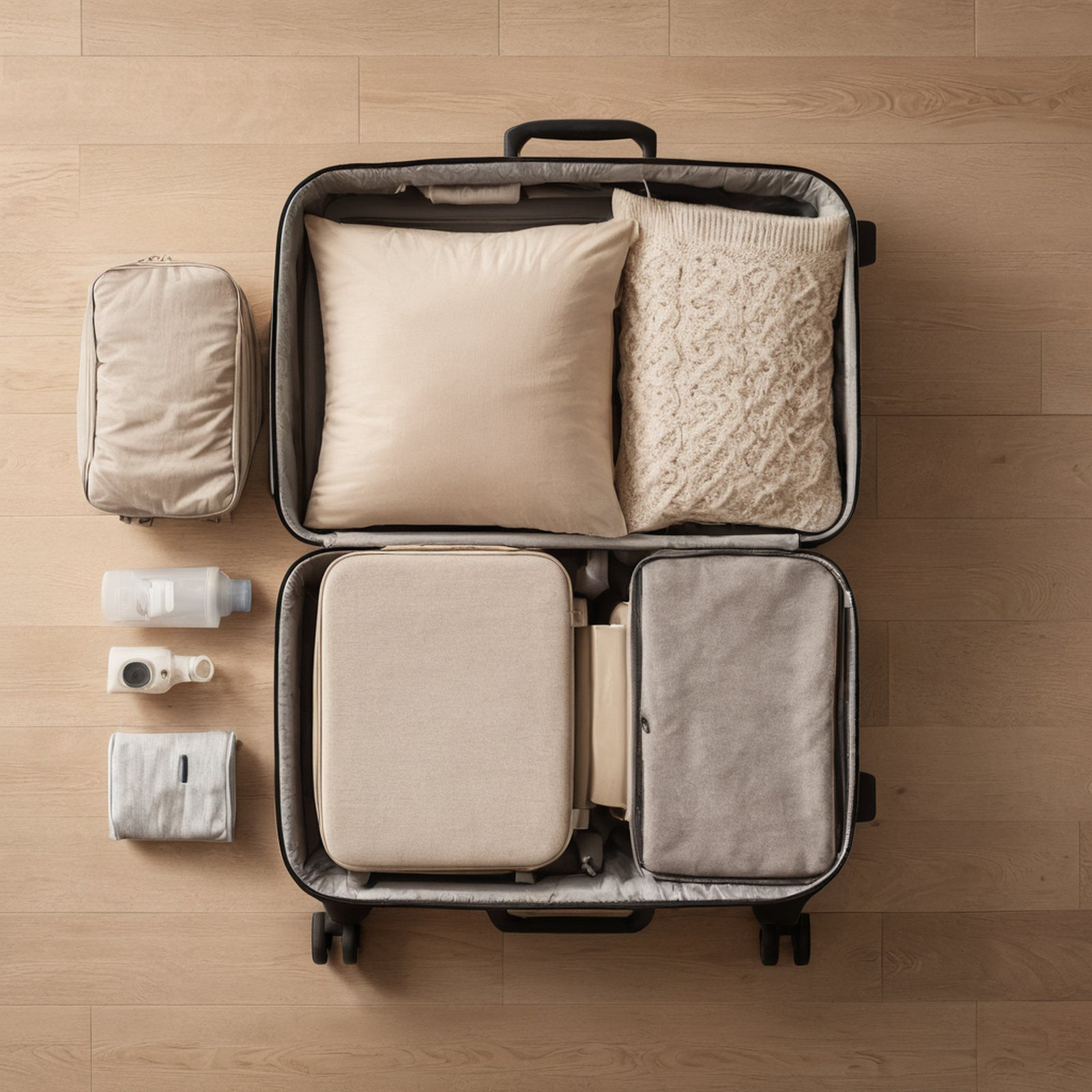 Open carry-on suitcase packed with neutral packing cubes