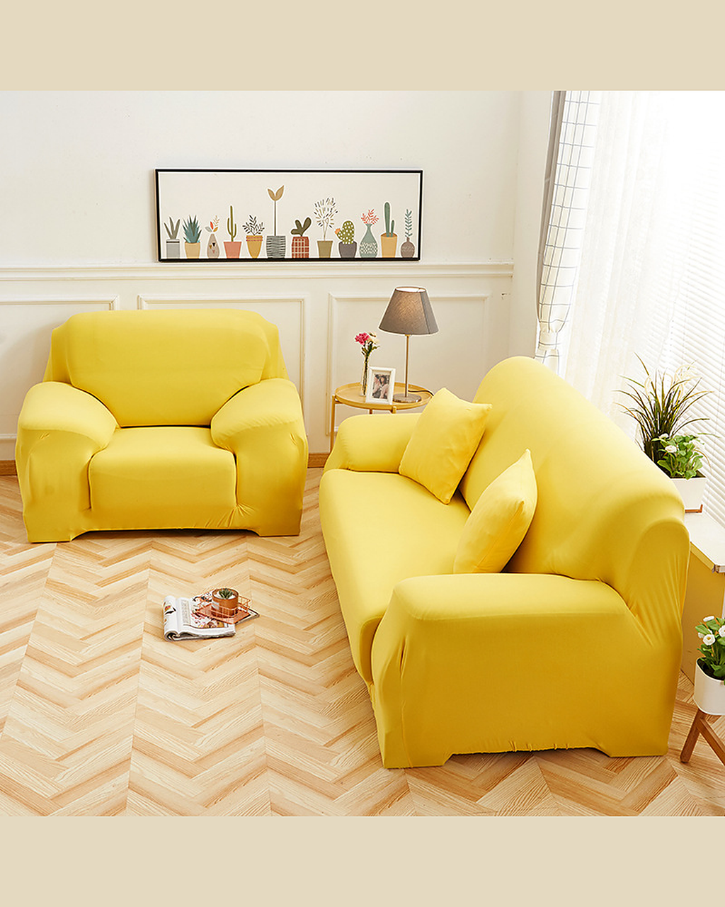 Bright yellow slipcover in a living room